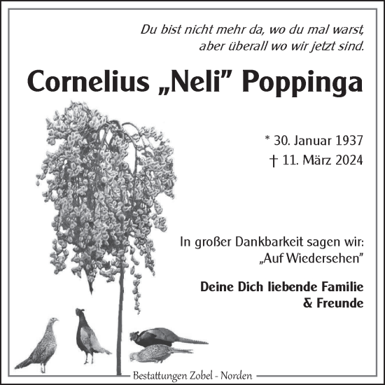 Traueranzeige von Cornelius ^^ Poppinga von Ostfriesischer Kurier